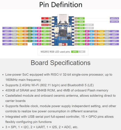 ESP32-C3 Mini Development Board, Based on ESP32-C3FN4 Single-Core Processor, Support 2.4GHz Wi-Fi & Bluetooth 5
