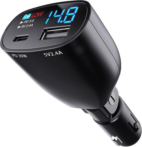 USB C Car Charger with Voltage Display, 20W PD Fast Car Charger & USB 5V 2.4A Adapter, Car Voltmeter Battery Monitor