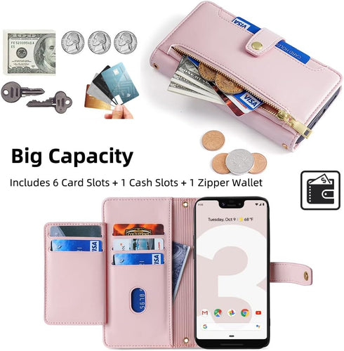 Asuwish Phone Case for Google Pixel 3 XL, Rose Gold Zipper Leather Wallet Cover with Screen Protector, Flip Stand,