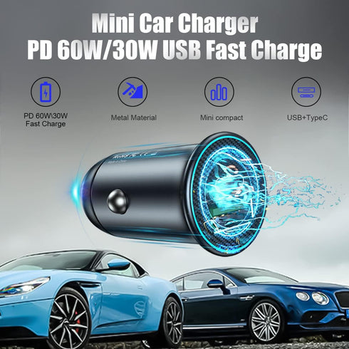USB-C Car Charger Adapter, Mini All-Metal Dual Ports Fast Charging 60W PD + 30W QC3.0 Universal for iPhone, Samsung