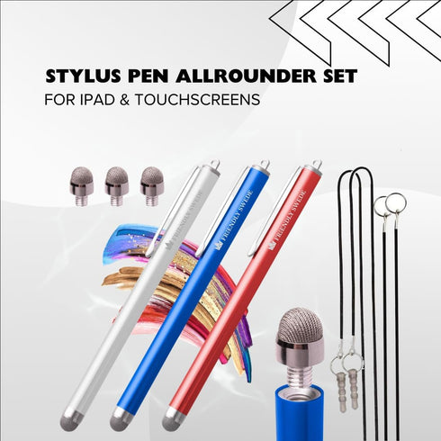 The Friendly Swede Set of 3 Fiber Tip Stylus Pens for Touch Screens, Stylus Pen for iPad, iPad Pen, iPad Stylus - Retail Packaging - Incl. 6 Lanyards - Silver/Aqua Blue/Green/Dark Blue/Yellow/Black by The Friendly Swede