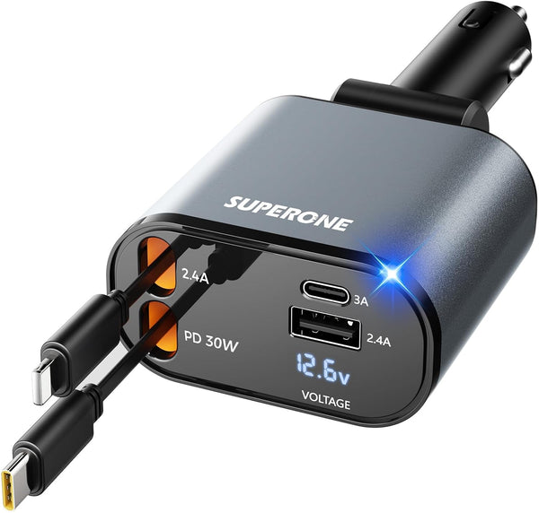 SUPERONE Upgraded 4 in 1 Retractable Car Charger, Fast Phone Charger with 2.6ft Cord, USB C and Apple Adapter
