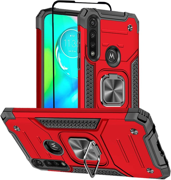 for Moto G Power Case with Screen Protector, Hard Rubber Bumper, Shockproof Tough Rugged with Kickstand (Red)
