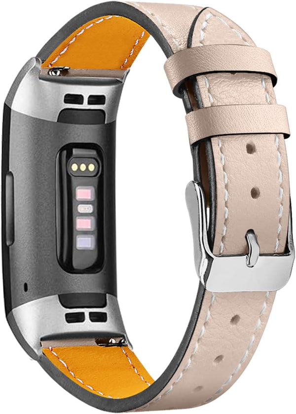 Leather Bands Compatible with Fitbit Charge 4/Charge 3, Replacement Wristband Straps for Women and Men, Beige