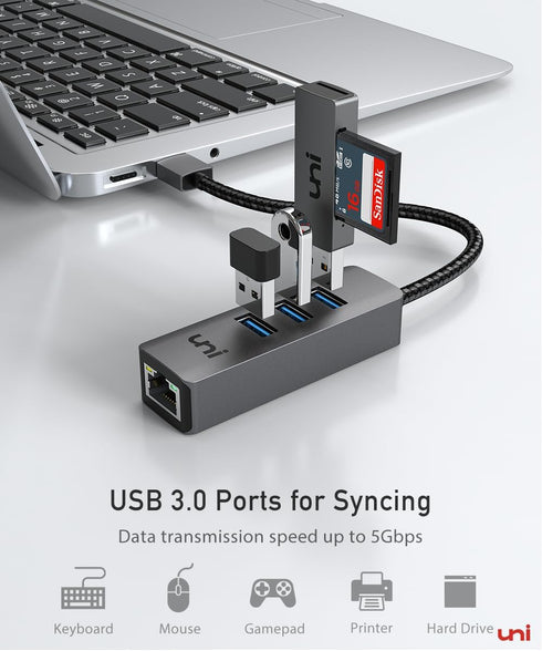 uni USB to Ethernet Adapter, USB 3.0 Hub with 100/1000 Mbps RJ45 Ethernet, 4-in-1 USB-A to LAN Network Adapter