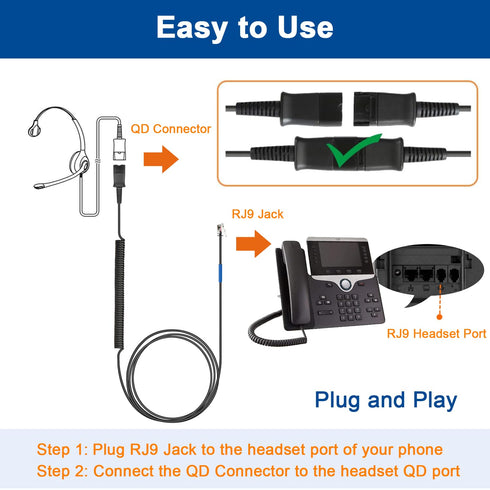 U10 Headset Adapter, RJ9 to QD Cable for Plantronics Quick Disconnect Headsets, Compatible with Cisco IP Phones