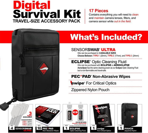 Photographic Solutions Digital Survival Kit - Type-2 Sensor Swabs, PEC-PAD Wipes, E-Wipe, Eclipse Fluid