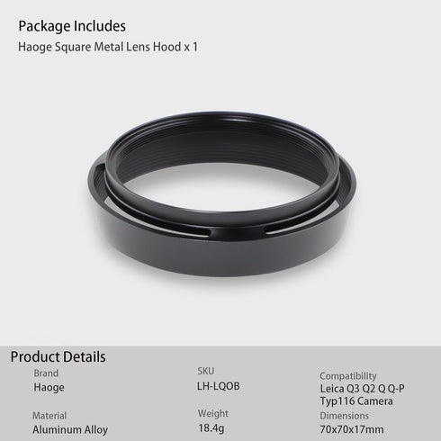 Haoge Metal Lens Hood Shade for Leica Q3 Q2 Q-P QP q Typ 116 Typ116 Camera Black