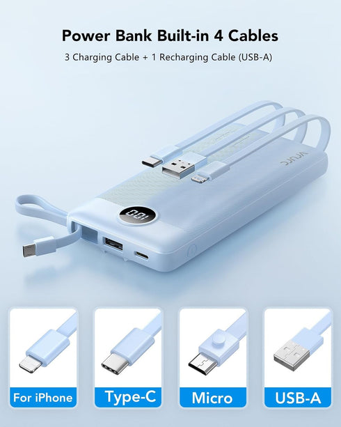 VRURC 10000mAh, 5 Portable Charger for iPhone, Built in Cables & Lanyard Power Bank Compact USB C Charging Bank Outputs