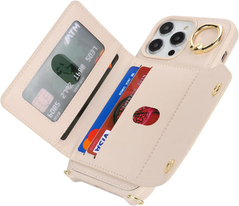 for iPhone 14 Pro Case with Card Holder and Strap, Zipper Pocket, Crossbody Lanyard Strap, Cute Phone Wallet Case