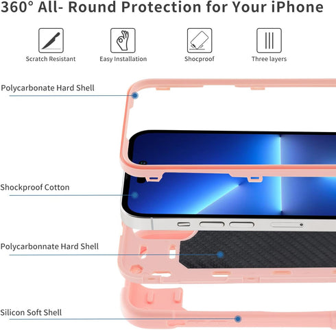 JIFVIK Pink Compatible iPhone 13 Pro Max Case, Full Body Armor Cover with Ring Kickstand, Heavy Duty Protection