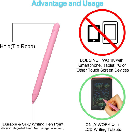 Replacement Stylus Drawing Pen for LCD Writing Tablets, 6 Elastic Lanyards, Colorful Stylus Pen for Kids Drawing Tablet