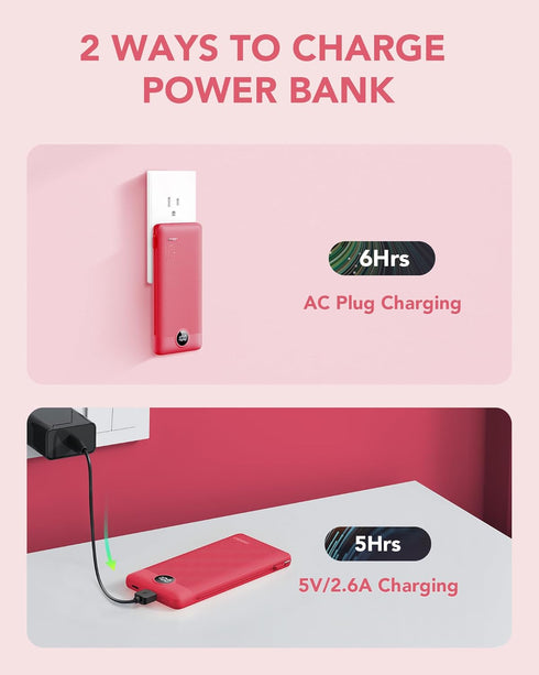 VRURC 10000mAh Portable Charger with Built-in Cables and AC Wall Plug, Compact Lightweight Power Bank for Smartphones,