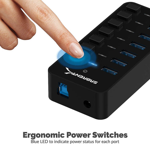 SABRENT 36W 7 Port USB 3.0 Hub with Individual Power Switches and LEDs, includes 36W 12V/3A power adapter