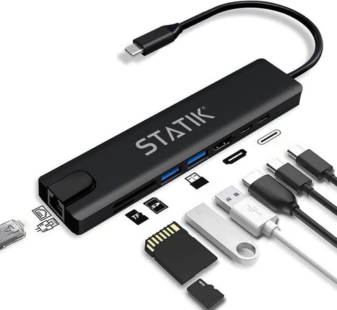 Statik UltraHub Powered USB C Hub - Multiport Adapter - 8-in-1 Docking Station