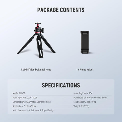 NEEWER 360 GM-2G Entry Level Version Mini Tripod for Camera, Small Desk Portable DSLR Webcam Cell Phone Mount Holder