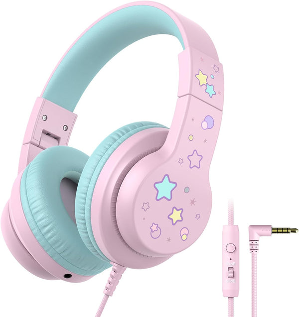 iClever HS19S Kids Headphones: Safe Volume 85/94dB, Foldable Over-Ear Stereo Sound, Mic, 3.5mm for iPad/Computer.