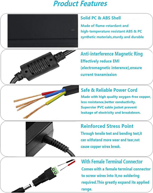 MTYTOT 12V 8A 96W 100V-240V 12 5.5mm x2.5mm/2.1mm DC Power Supply Adapter, AC to DC Volt Transformer, AC/DC Converter
