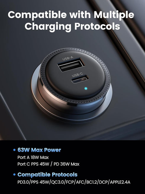UGREEN 63W USB C Car Charger Adapter, PPS 45W Super Fast Charging for iPhone 15/14/13/12, Galaxy S24/S23/S22