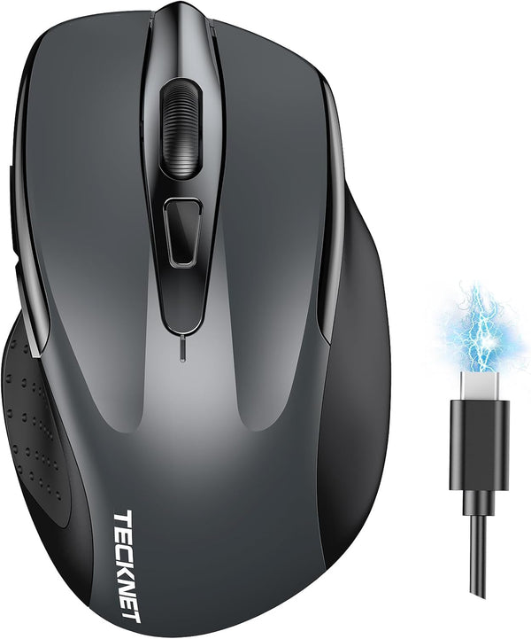 TECKNET Wireless Mouse (BT5.0/3.0 & 2.4G) Rechargeable 4800 DPI Silent Mouse, 8 Buttons, USB A Wide Compatibility - Grey