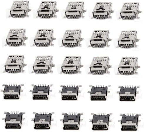 Mini USB Type B Female Port, 5-Pin 180 Degree SMD SMT PCB Jack Socket, 25 Pcs