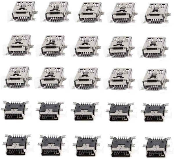 Mini USB Type B Female Port, 5-Pin 180 Degree SMD SMT PCB Jack Socket, 25 Pcs