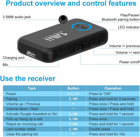 1Mii Bluetooth 5.0 Music Receiver for Car/Home Stereo, Aux Bluetooth Adapter with Volume Control, 16H Battery Life