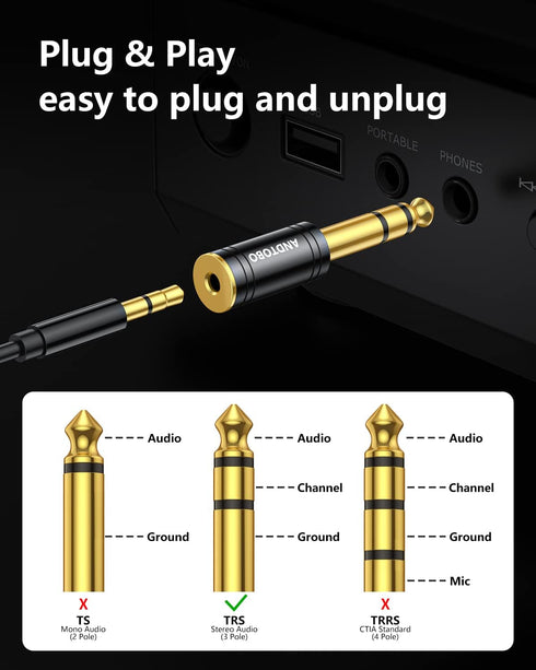 ANDTOBO 1/4''(6.35mm) Male to 1/8'' (3.5mm) Female Stereo Audio Jack Adapter, Pure Copper, 1 Pack, Black