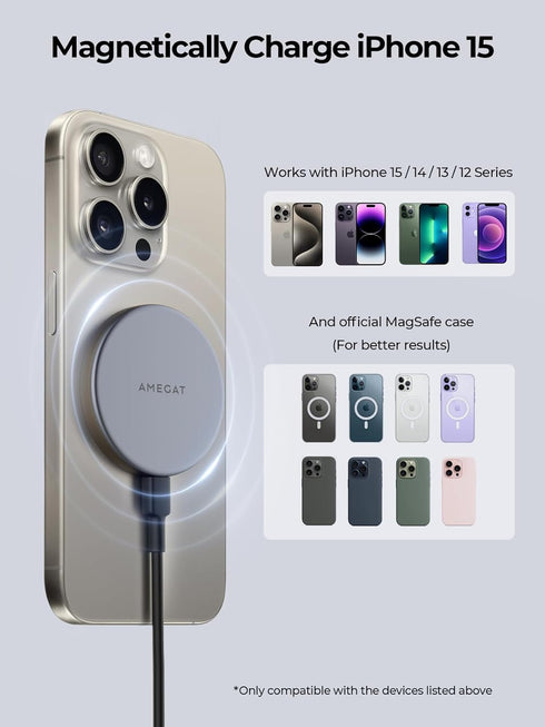 Magnetic Wireless Charger (MagFusion Aura), Qi2 Certified 15W Ultra-Fast Compatible with Mag-Safe, Wireless Charging Pad with 5ft Cable for iPhone 15/14/13/12 Series (Charger Not Included)