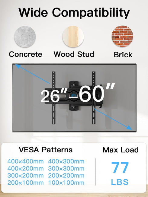 Pipishell Full Motion TV Wall Mount for Most 26-60 inch Flat & Curved TVs, Adjustable Bracket, Max VESA 400x400mm