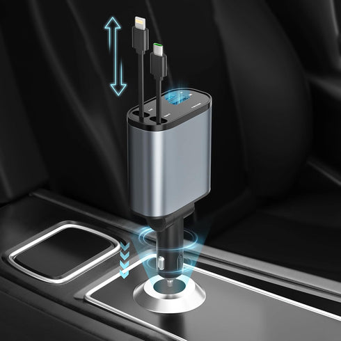 Retractable Car Charger, 4 in 1 Fast Car Phone Charger 120W with 2.7Ft Cables and 4 Electronic Ports for iOS & Android