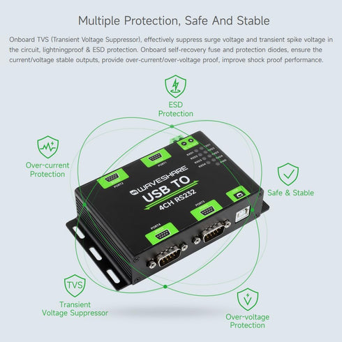 Waveshare Industrial Isolated USB to 4CH RS232 Converter (DB9 Female Interface), Adopts Original FT4232HL Chip,