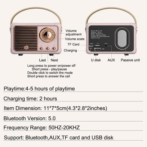 Retro Bluetooth Speaker, Wireless Mini Speaker with Crystal Clear Stereo Sound and Rich Bass (Beige)