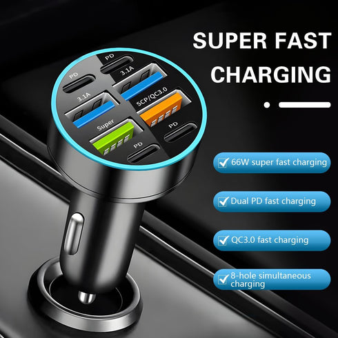 8 Ports 66W Car Charger - 12-24V Super Fast Charging with USB 3.1A PD&QC 3.0 for All Smartphones