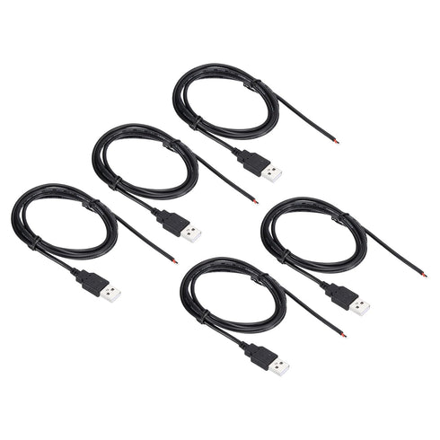PATIKIL 1.5M/5Ft 5V 3A USB Pigtail Extension Power Cable, 5 Pcs 22AWG Connector for DIY Equipment Repair