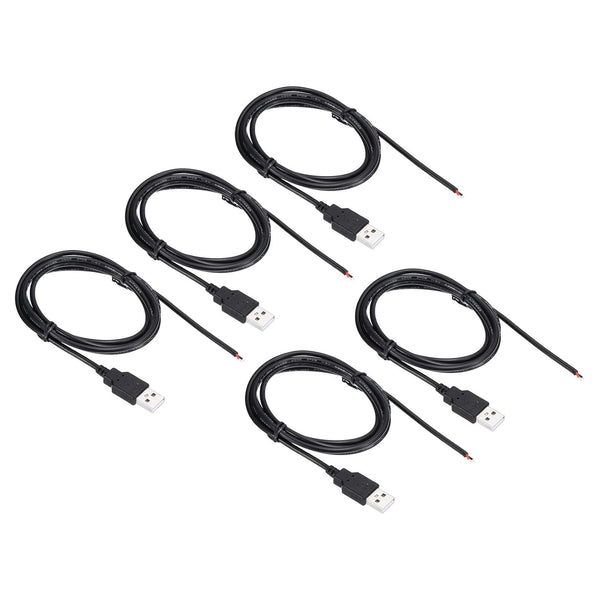 PATIKIL 1.5M/5Ft 5V 3A USB Pigtail Extension Power Cable, 5 Pcs 22AWG Connector for DIY Equipment Repair