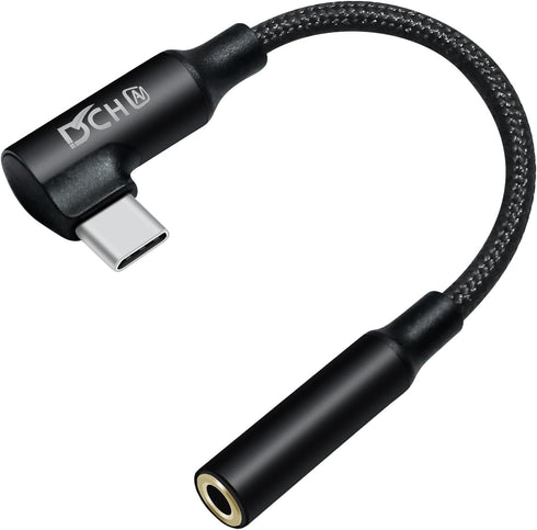 Angled USB Type C to 3.5mm Audio Adapter - USB-C to Aux Dongle for Android, Tablet, Laptop, Speaker, Car Stereo, Black.