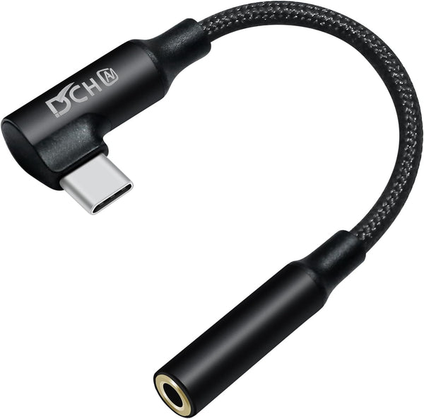 Angled USB Type C to 3.5mm Audio Adapter - USB-C to Aux Dongle for Android, Tablet, Laptop, Speaker, Car Stereo, Black.