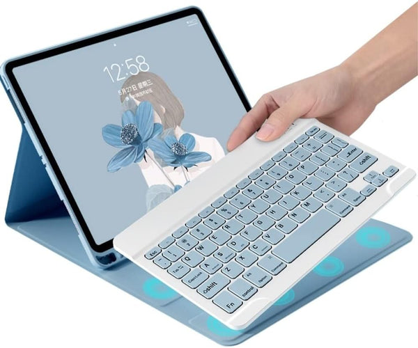 iPad Pro 11 inch 4th Generation 2022 Keyboard Case, Detachable Bluetooth Keyboard Cover with Pencil Holder (Mist Blue)
