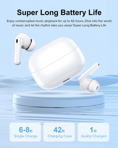 Wireless Earbuds, 42H Playtime Bluetooth 5.3 Headphones, HiFi Stereo Call Noise Cancelling Earbuds, IPX7 Waterproof Stereo in-Ear Earphones with LED Display for iOS Android Cell Phone (White)