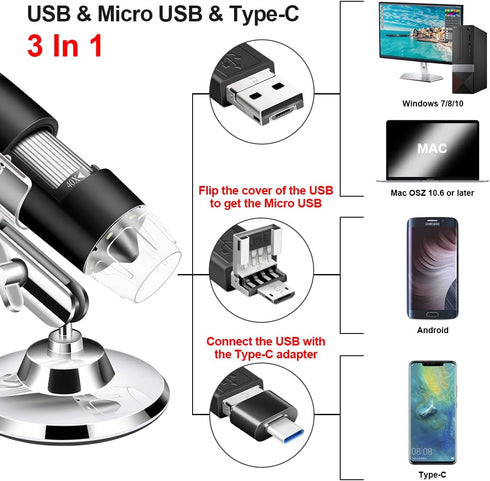 USB Microscope Camera 40X to 1000X, Cainda Digital Microscope with Metal Stand & Carrying Case (Black USB Microscope)