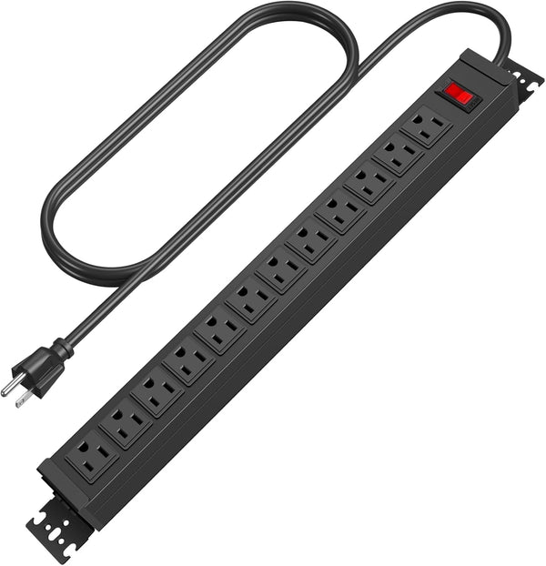 HHSOET 12 Outlet Rotating Mountable Power Strip, Metal Heavy Duty Surge Protector with 6ft Power Cord (Black)