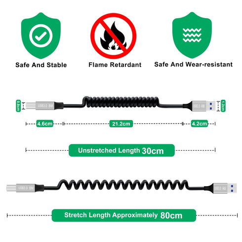 3.0 0.8 Coiled Printer Cable USB B to USB A Super USB Type A to B Male Cable for Scanner, External Hard Drives