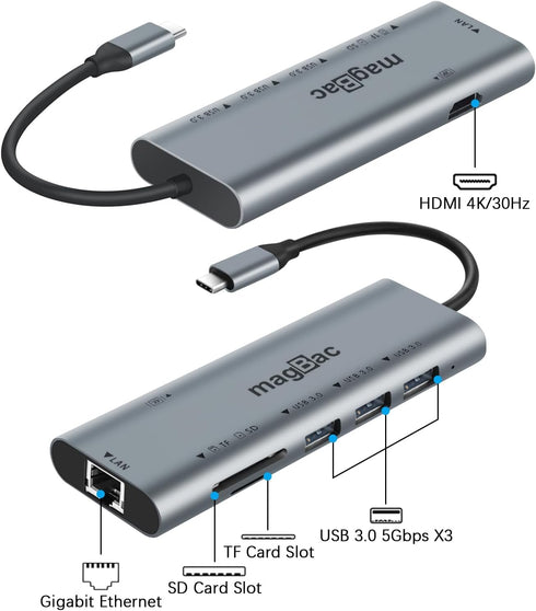 i-magBac 7-in-1 4K@30Hz 3 3.0 MagBac Laptop Docking Station USB Hub with HDMI Display Port, USB A Data Ports, SD/TF