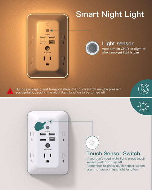 Addtam 5-Outlet 4 Ports(1 Surge Protector, Outlet Extender with Night Light, Splitter and USB USB C), Multi Plug Wall