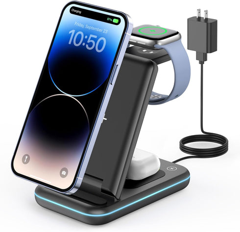 GEEKERA 3 in 1 Wireless Charging Station, Foldable Wireless Charger Stand for Multiple