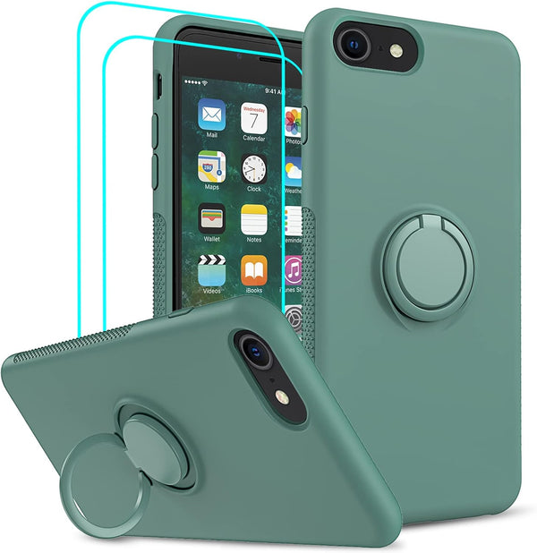 LeYi Green Liquid Silicone Case for iPhone 8/7/6s/6 with Stand & 2 Glass Screen Protectors - Shockproof Cover for All