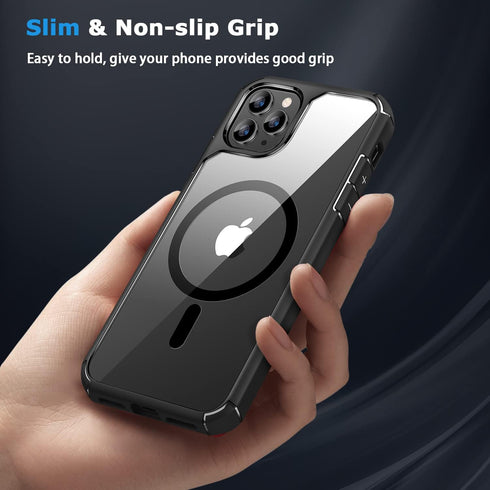 Amizee iPhone 11 Pro Magnetic Case with Screen & Camera Protectors, Clear Back, Shockproof, MagSafe Compatible (Black)