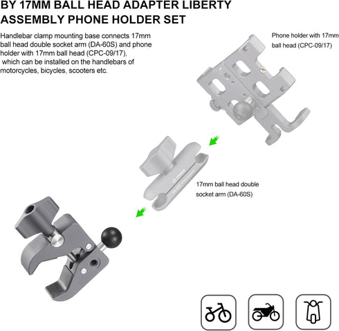 FANAUE Aluminum Handlebar Base Mount with 17mm Ball Head Adapter, Strong Rod Clamp for Rails 0.5'' to 2'' Diameter,