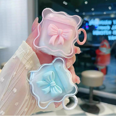 Cute AirPods 2/1 Generation Clear Case, Kawaii 3D Bow Design Soft TPU Protective Cover with Cleaner Kit & Keychain -